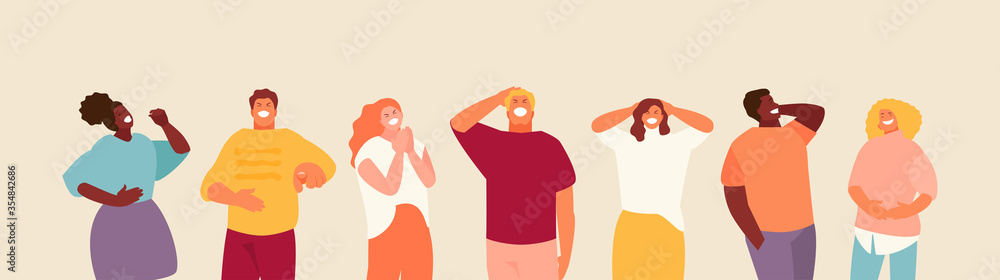 Laughing group of young happy people. Vector characters illustration - obrazy, fototapety, plakaty 