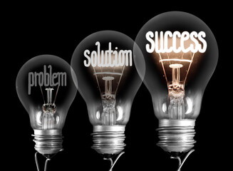 Wall Mural - Light Bulbs with Problem, Solution and Success Concept