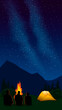 Landscape with silhouettes of mountains and Milky Way. Illustration with illuminated orange tent and silhouettes of people around the fire. Vertical image for hike, track, camp. Template for flyer