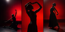 Collage Of Young And Elegant Woman Dancing Flamenco On Red