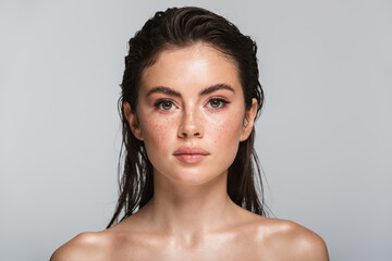 beauty portrait of an attractive young topless brunette woman
