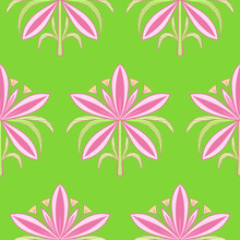 Seamless Colored Green Pattern Or Background Of Pink Flowers Of Orchids Or Lilies.