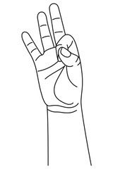 Wall Mural - number three, hand gesture. concept of finger counting on sign language. vector illustration in outl