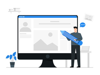 Man with a pencil designing the page of the website,Working landing page,Creative design,Blue tone vector illustration