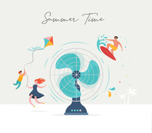 Summer Scene, Group Of People Having Fun Around A Huge Fan, Surfing, Swimming In The Pool, Drinking Cold Beverage, Playing On The Beach