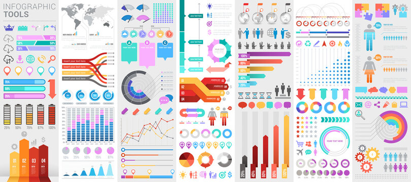 Wall Mural - Bundle infographic UI, UX, KIT elements with charts, diagrams, workflow, flowchart, timeline, online statistics, marketing icons elements design template. Vector info graphics and infographics set