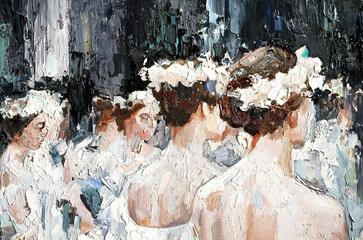  A group of beautiful graceful ballerinas in white dresses and with flowers in hair, in the theater are preparing for the performance. Oil painting on canvas.   