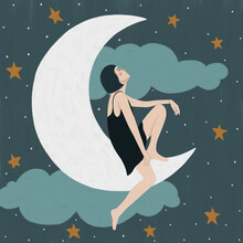 Illustration Of Woman Sitting On Moon