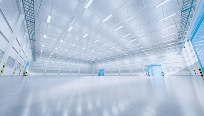  3d rendering of empty hangar and concrete floor and shutter door, clean and new condition.