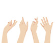 Female relaxed hands set of vector illustrations. Design of banners, advertising, posters. Hands reach for the sky, reach for something, open hand, hand touches, index finger. Stock illustration.