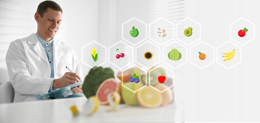 Poster - Nutritionist's recommendations. Doctor working at desk in office, banner design