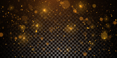 sparkling golden particles, glowing bokeh lights isolated on dark transparent background