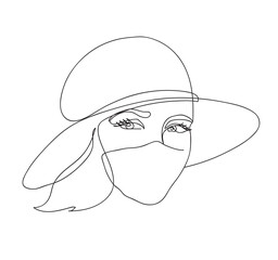 Wall Mural - Abstract woman face.Young attractive girl in a mask and hat. Concept fashion summer 2020. Black and white hand drawn line art. Outline vector illustration