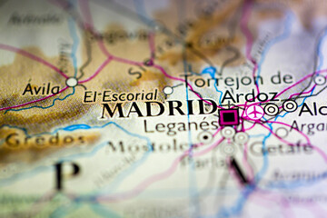 shallow depth of field focus on geographical map location of madrid city spain mediterranean europe 
