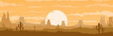 Fototapeta Pokój dzieciecy - Vector illustration of sunset desert panoramic view with mountain and cactus in flat cartoon style.