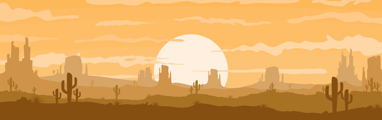 Leinwandbilder - Vector illustration of sunset desert panoramic view with mountain and cactus in flat cartoon style.