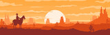 Fototapeta Pokój dzieciecy - Vector illustration of sunset desert panoramic view with mountain, cowboy and cactus in flat cartoon style.