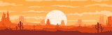 Fototapeta Pokój dzieciecy - Vector illustration of sunset desert panoramic view with mountain and cactus in flat cartoon style.