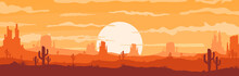 Vector Illustration Of Sunset Desert Panoramic View With Mountain And Cactus In Flat Cartoon Style.