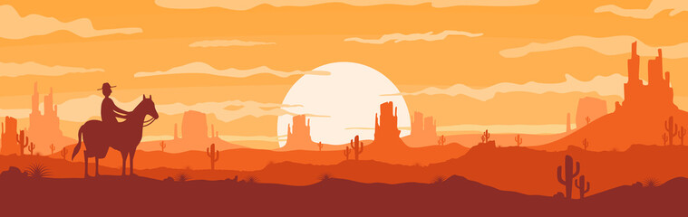 Leinwandbilder - Vector illustration of sunset desert panoramic view with mountain, cowboy and cactus in flat cartoon style.