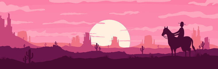 Leinwandbilder - Vector illustration of sunset and twilight desert panoramic view with mountains and cactus - flat cartoon style