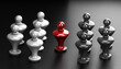 Concept of pawns representing conflict between groups and one mediator in the middle.