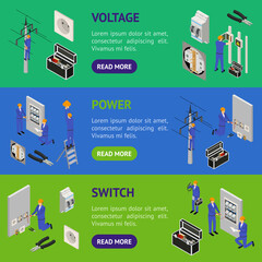 Wall Mural - Character Electrician in Uniform Concept Banner Horizontal Set 3d Isometric View. Vector