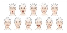 Vector Set Of Women's Emotions, Positive, Negative Feelings.