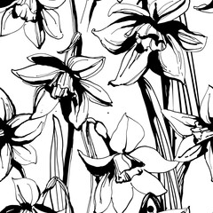 Floral flower narcissus seamless hand drawn pattern. Black and w