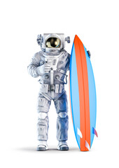 Wall Mural - astronaut with surfboard / 3d illustration of space suit wearing male surfer figure giving thumbs up