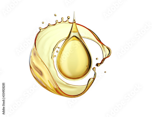 Fotografía Olive or engine oil splash and drop isolated on white background, 3d illustration with Clipping path