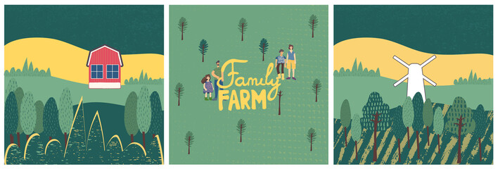 Family farm illustration and lettering. Rural landscape, farmhouse, mill, family on the farm. Design elements with cute texture. Set of flat vector in cartoon style