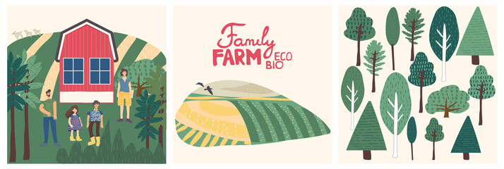 Set of family farm illustration and lettering. Rural landscape, farmhouse, trees, family on the farm. Design elements with cute texture. Flat cartoon vector illustration