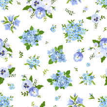 Vector Seamless Pattern With Blue Pansies, Bluebells, Plumbago And Forget-me-not Flowers.