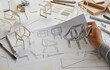 © Chaosamran_Studio - Designer sketching drawing design development product plan draft chair armchair Wingback Interior furniture prototype manufacturing production. designer studio concept .