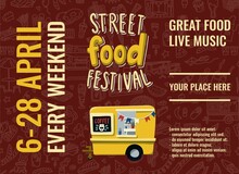 Street Food Truck Festival. Template For Flyer, Poster Or Brochure. Hand Drawn Doodles Background