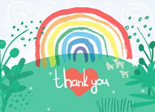 Rainbows As Signs Of Thank You, Hope And Solidarity. Let's All Be Well. Heart And Rainbow On Nature Background. Flat Vector Cartoon Illistration