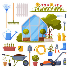 Sticker - Garden Collection, Agriculture Work Equipment, Greenhouse, Farming Tools, Seedlings and Plants Flat Style Vector Illustration