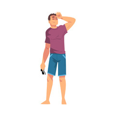 Sticker - Relaxed Young Man, Lounging Male Character Wearing Tshirts and Shorts Ready to Enjoy His Leisure Vacation, Summer Holidays and Traveling Cartoon Vector Illustration