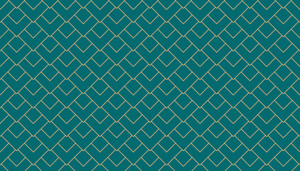 Vintage style art deco geometric pattern with overlapping golden squares on turquoise background. Retro geometric abstract line vector seamless pattern.