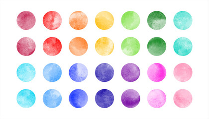 Wall Mural - Watercolor circle shape stains, smears vector collection. Bright rainbow colors hand drawn spots, round smudges set. Colorful watercolour paint big dots illustration, design elements. Text background.