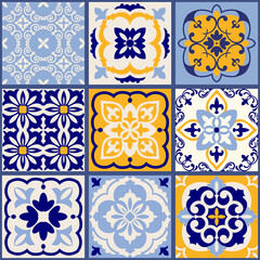 Collection of 9 ceramic tiles in turkish style. Seamless colorful patchwork from Azulejo tiles. Portuguese and Spain decor. Islam, Arabic, Indian, Ottoman motif. Vector Hand drawn background