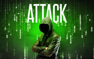 Faceless hacker with ATTACK inscription, hacking concept