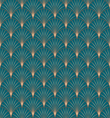 Vintage style elegant Art Deco Seamless Fan Pattern in copper metallic gradient on dark turquoise background. Retro style texture vector pattern.