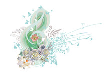 Abstract Treble Clef Decorated With Summer And Spring Flowers, Notes. Hand Drawn Vector Illustration.