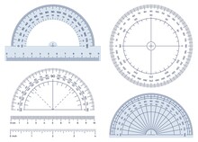 Protractor. Angles Measuring Tool, Round 360 Protractors Scale And 180 Degrees Measure Vector Illustration Set. Equipment Protractor To Angle Measure, Drafting Chart