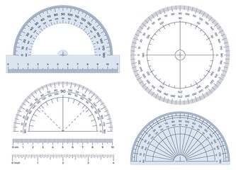 protractor. angles measuring tool, round 360 protractors scale and 180 degrees measure vector illust