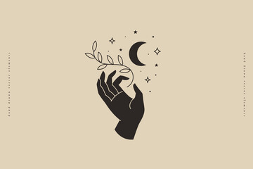 Poster - Hand keeps branch with sheets on background of crescent and stars. Trendy minimalistic magic symbol on light background. Vector illustration for organic cosmetics and packaging for handmade products.
