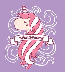 Wall Mural - Vector illustration of cute magic unicorn head with horn, pink mane, curls, ribbon and word wonderland on purple background