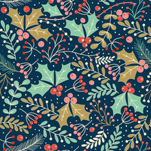 Merry Christmas, Happy New Year Seamless Pattern With Toys, Fir Cone, Holly Leaves And Berries For Greeting Cards, Wrapping Papers. Seamless Winter Pattern. Vector Illustration.